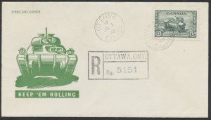 1942 #258 13c Tank War Issue FDC Rosenbaum Patriotic Cachet Registered Ottawa