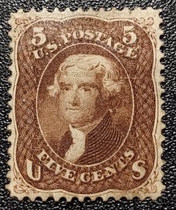 Scott Stamp# 75-5¢ Jefferson, Red Brown. MHR.  OG.  Superb Centering SCV $5,500
