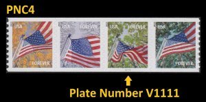 U.S.#4769a Flags and Seasons 46c FE Horiz. Coil Strip of 4 w/Plate #, MNH.