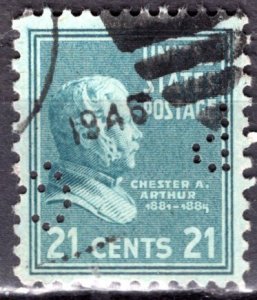 USA; 1938: Sc. # 826:  Used. Single Stamp W/Perfins