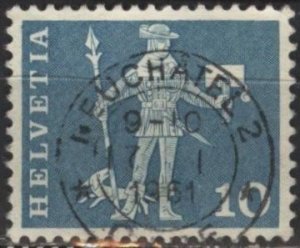 Switzerland 383 (used, Neuchâtel postmark) 10c messenger, blue grn (1960)