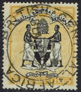 BRITISH CENTRAL AFRICA 1896 ARMS 3/- WMK CROWN CC FISCAL USED