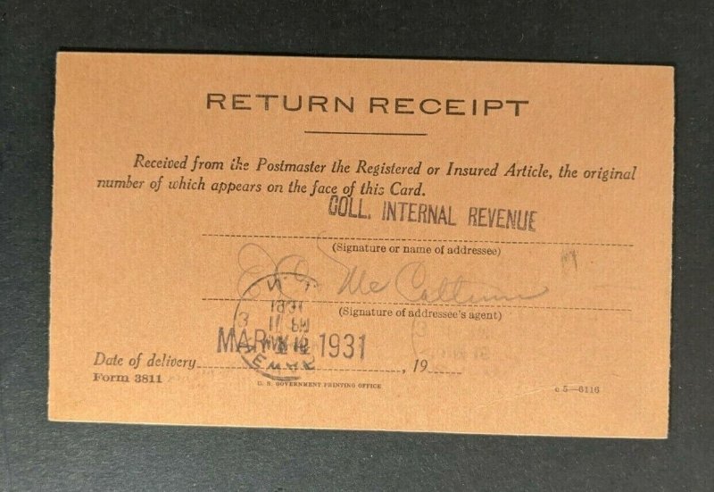 1931 Post Office Official Business Registered Insured Receipt Cover Newark NJ