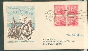 US 736 1934 3c Maryland Tercentenary (block of four) on a typed addressed FDC with a Harry Ioor cachet.