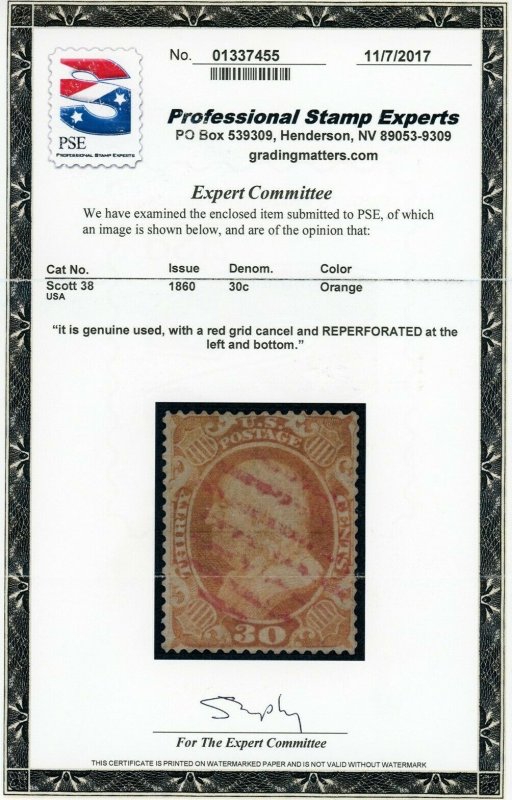 US Stamp 38 Franklin 30c - PSE Cert - Used - Red Grid Cancel - REPERF CV $475.00