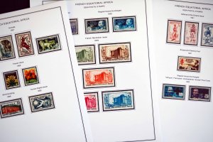 COLOR PRINTED FRENCH EQT. AFRICA 1936-1958 STAMP ALBUM PAGES (30 illustr. pages)