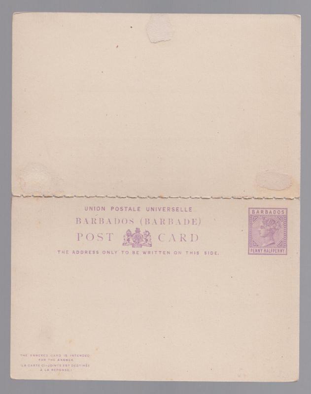 Mint Unused Barbados Postal Stationery Dual Reply Postcard # 5a