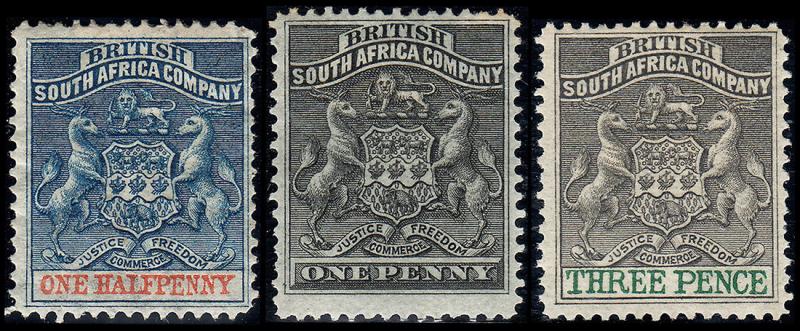 Rhodesia  Scott 1-2, 4 (1890-94) Mint H F-VF, CV $35.75