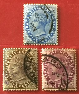 Malaya Straits Settlements QV 5c Wmk CA Varieties Used SG#65/99/100 M4730