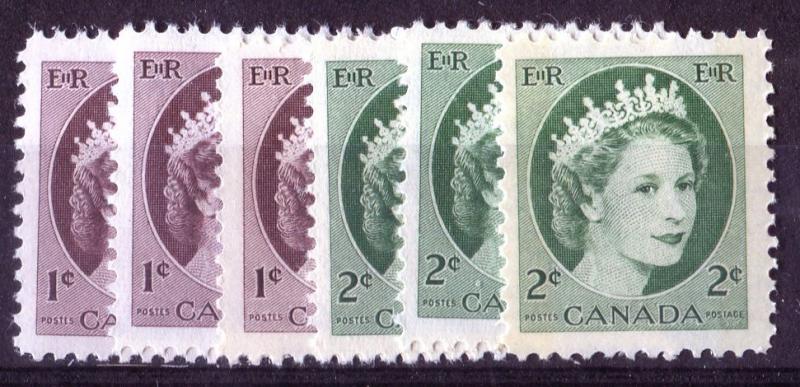 Canada #337-338p 1c-2c 1954 Wilding - 6 Different Papers/Shades VF-75 NH - Grp 2