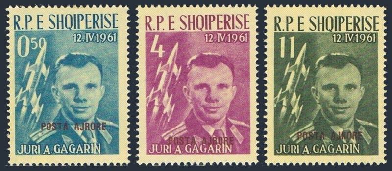 Albania 604-606 maroon,MNH.Mi 647-649 type 1. Yuri Gagarin,1962.POSTA AJRORE