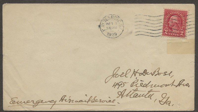 10/9/1929 Emergency Airmail Service cover Waynesboro to Atlanta Ga Joel H Dubose