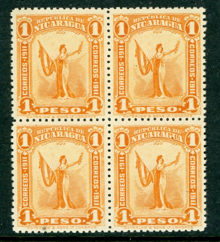 Nicaragua 1912 Liberty 1 Peso Orange Sc 307 Block of 4 MNH!! Q349 