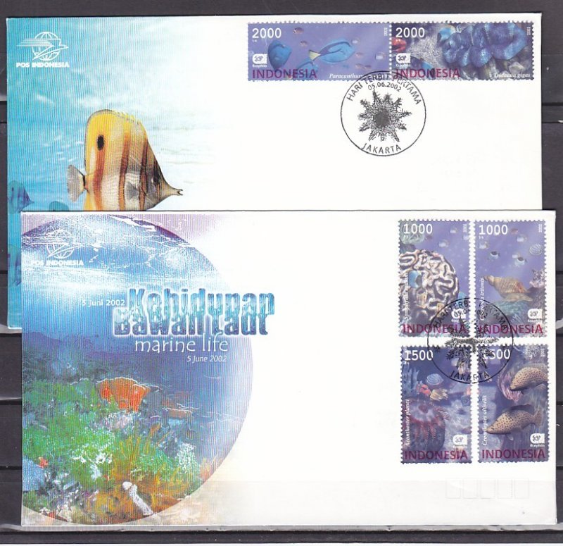 Indonesia, Scott cat. 1992-1994 a-b. Marine Life issue on 2 First day covers.