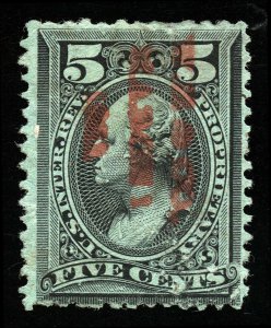 B282 U.S. Revenue Scott RB16b 5-cent Proprietary wmk red handstamp SCV = $125