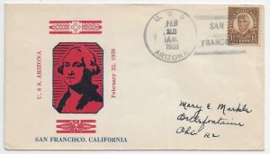 1938 USS Arizona BB-39 San Francisco to Bellefontain, OH Parker cachet (N7838)