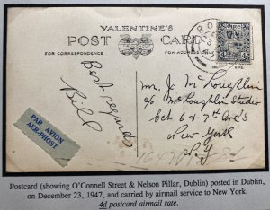 1947 Ireland RPPC Postcard Airmail Cover To New York USA O’Connell Street