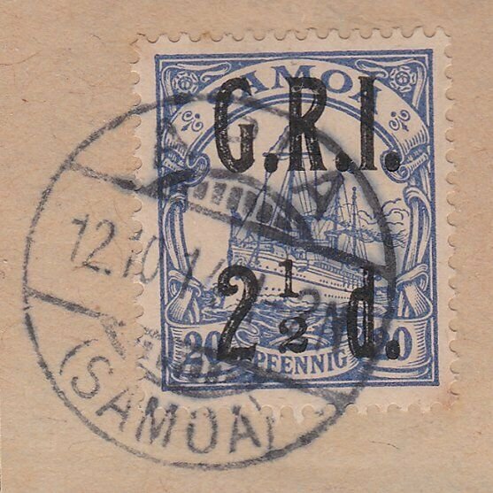 SAMOA 1914 GRI opt on German Samoa : 2½d used on piece Apia cds.............C478