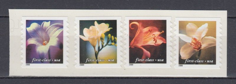 (F) USA #3462-65  Flowers Coil Strip of 4 First-Class stamps  MNH