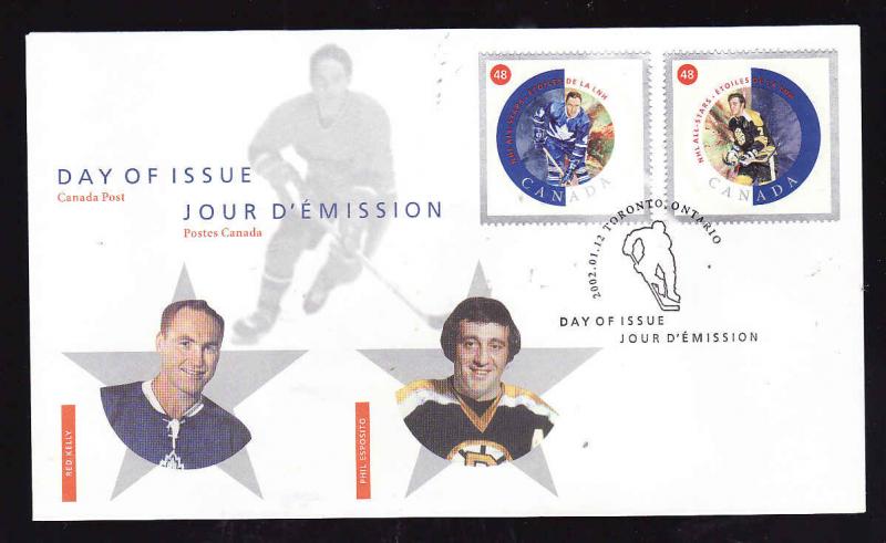 Canada-Sc#1935e-f-stamps on FDC-NHL All Stars-Hockey-Red Kelly-Phil Esposito-200