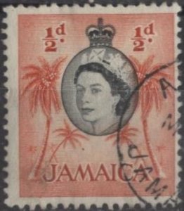 Jamaica 159 (used) ½p Elizabeth II, palm tree, org ver & black (1956)