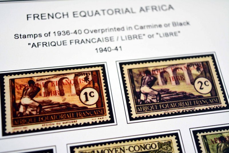 COLOR PRINTED FRENCH EQT. AFRICA 1936-1958 STAMP ALBUM PAGES (30 illustr. pages)