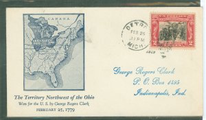 US 651 1929 2c George Roger Clark/Battle of Vincennes on an addressed FDC with a Floyd Shockley cachet and a Detroit, MI cancel