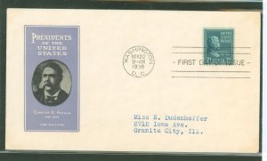 US 826 1938 21c Chester Arthur (part of the presidential/prexy definitive series) single on an addressed first day cover with an