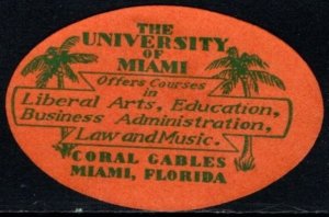 1940's US Poster Stamp The University Of Miami Offers Courses In Liberal...