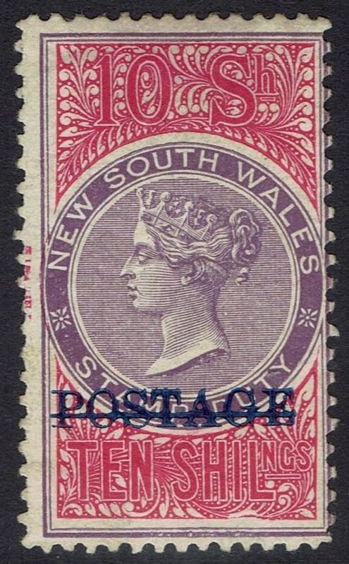 NEW SOUTH WALES 1894 QV POSTAGE OVERPRINTED 10/- VIOLET & ROSINE PERF 11 