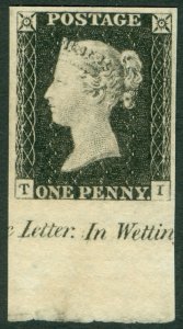 SG 2 1d black plate 2. Fine mint without gum sheet marginal example with insc...