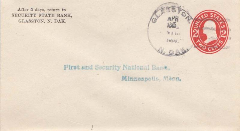 United States North Dakota Glasston 1916 4b-bar  Postal Stationery Envelope  ...