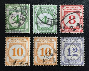 Malaya 1936-38 Malayan Postal Union 6V part set USED SG#D2-D5 M3929