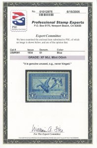 US Scott #RW1 Mint, XF, NH, PSE (Graded 90J)