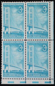 U.S. Mint Stamp Scott #1109 3c Mackinac Bridge Corner Sheet Margin Block, Superb