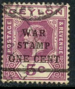 CEYLON 1918 KGV 1c on 5c WAR TAX STAMP Sc MR4 VFU