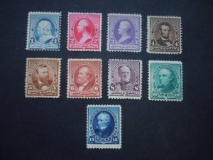 1890-93  #219 -227 Perf 12 MH/MVLH OG F/VF CV $670  SEE NOTES  Incs New Mounts