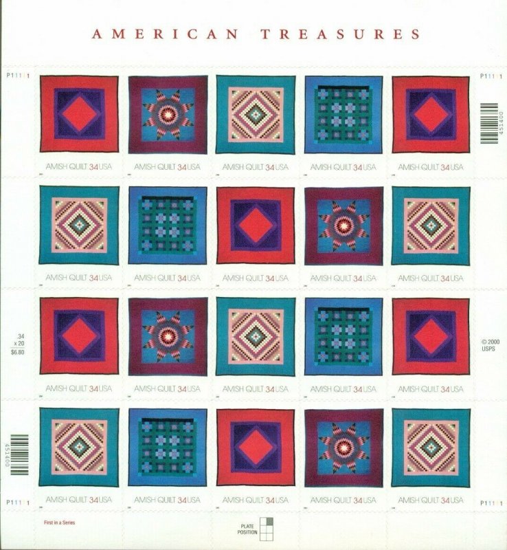 US: 2001 AMERICAN TREASURES; AMISH QUILTS; Sheet Sc 3524-27; 34 Cents Values