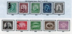 SC# 692-701 - 1931 Regular issue - pf 11x10.5 - used set of 11 singles