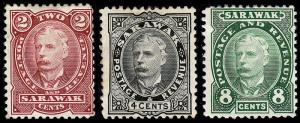 Sarawak Scott 28-29, 31 (1895) Mint H VF, CV $65.50 B