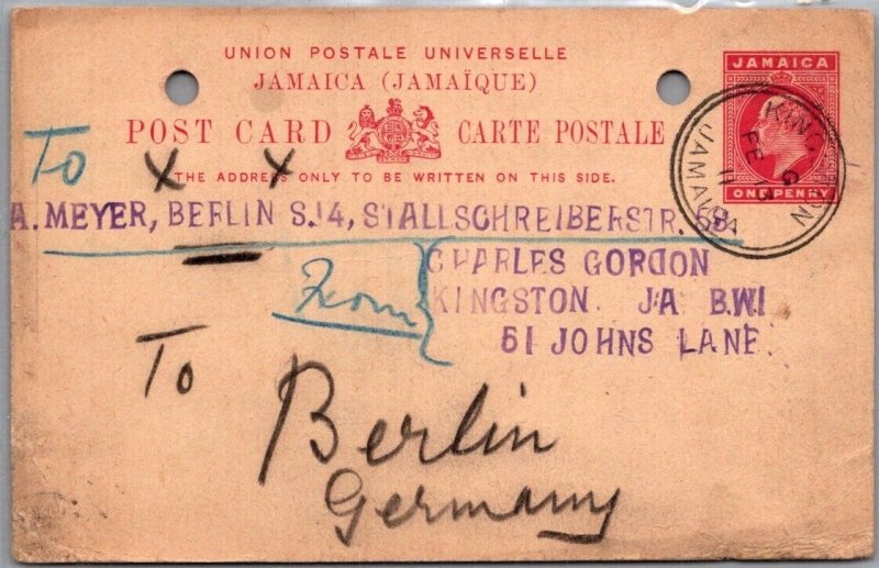 JAMAICA POSTAL HISTORY STATIONERY POSTCARD ADDR GERMANY CANC YR'1911