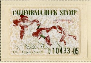 US CA7 CALIFORNIA STATE DUCK STAMP 1977 SCV $35.00 BIN $7.50