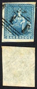 Barbados SG9 1d Pale Blue white paper 4 margins Cat 70 pounds