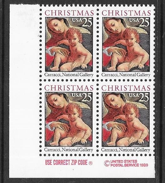 US#2427 $0.25  1989 Christmas Zip,copyright  Block of 4 (MNH) CV $2.25