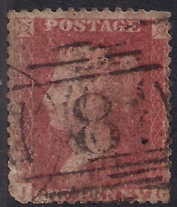 GB 1856 – 58 QV 1d Red Used Large Crown Letters J & G  Perfs 14 ( K946 )