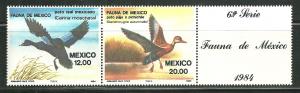 Mexico 1347a MNH Strip Aquatic Birds w/ Label SCV 3.50