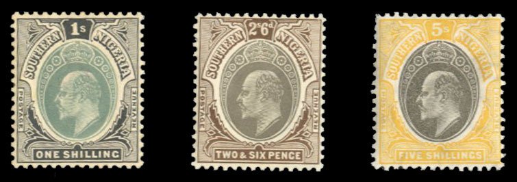 Southern Nigeria #27-29 Cat$93.75, 1904 1sh, 2sh6p and 5sh, hinged