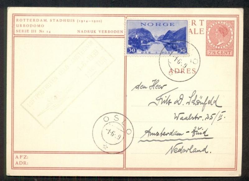 NORWAY 1939 First Flight OSLO-AMSTERDAM on Netherlands card + Norway franking