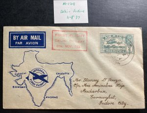 1937 Delhi India First Flight Airmail cover FFC To Indore Map Cachet