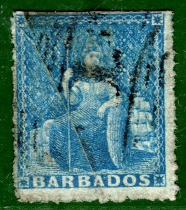 BARBADOS QV (1d) BRITANNIA Used Rare *PRE-PRINTING PAPER-FOLD VARIETY* YBLUE15